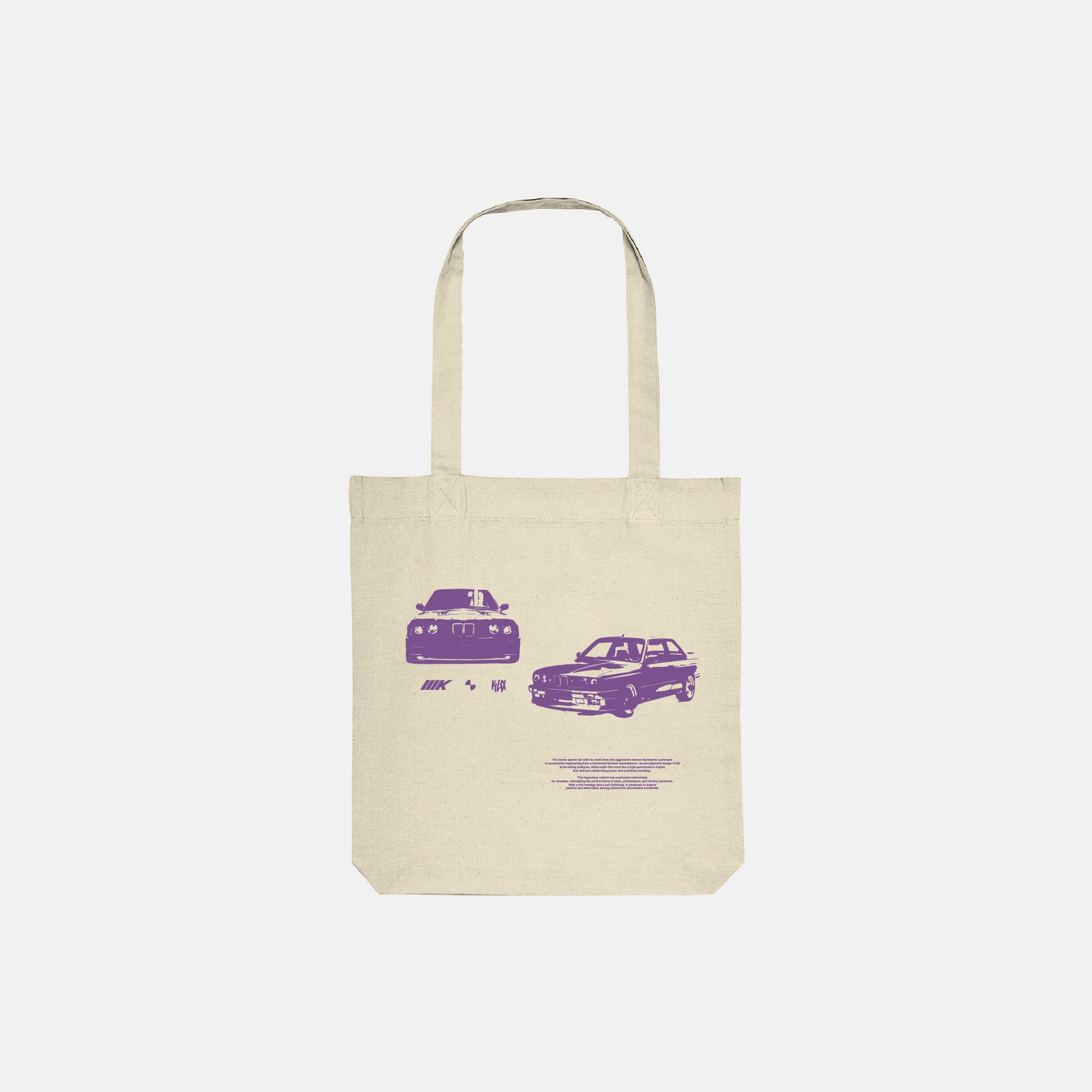 Beige Organic Tote Bag mit BMW E30 Print, Vorderansicht.