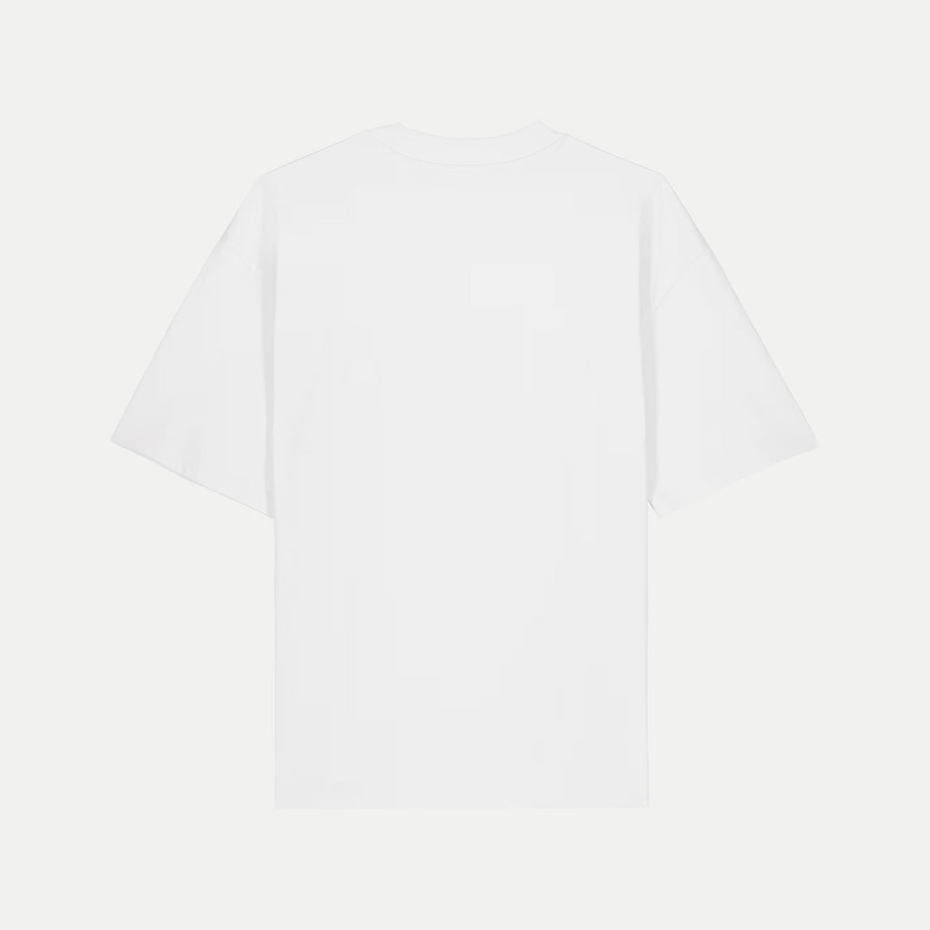 A plain white short-sleeve t-shirt shown from the back, centered on a light gray background.
