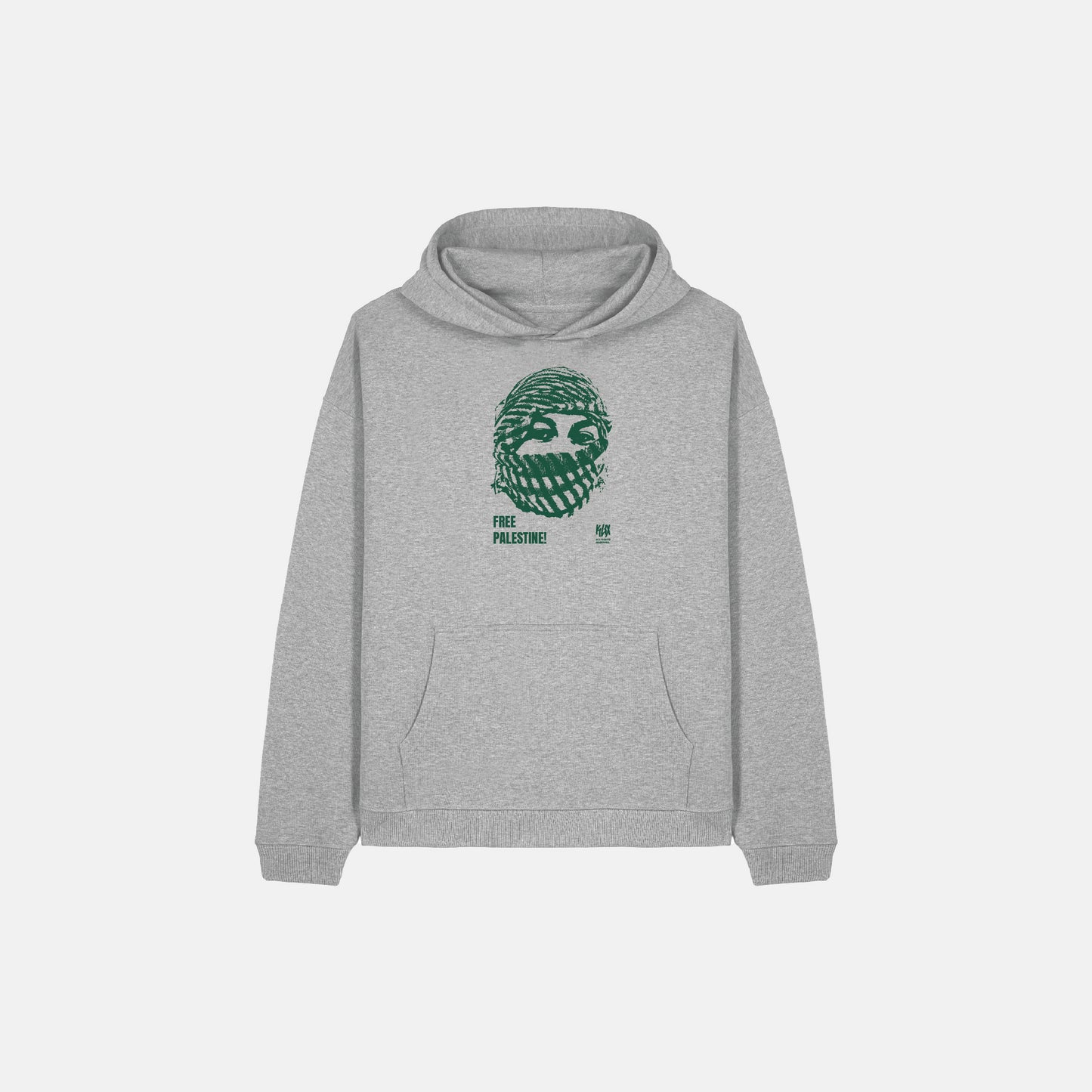 Grauer Oversized Hoodie mit Free Palestine Print, Vorderansicht.