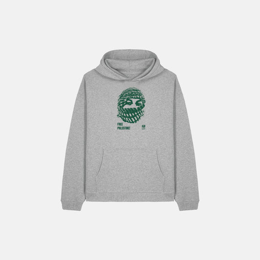 Grauer Oversized Hoodie mit Free Palestine Print, Vorderansicht.