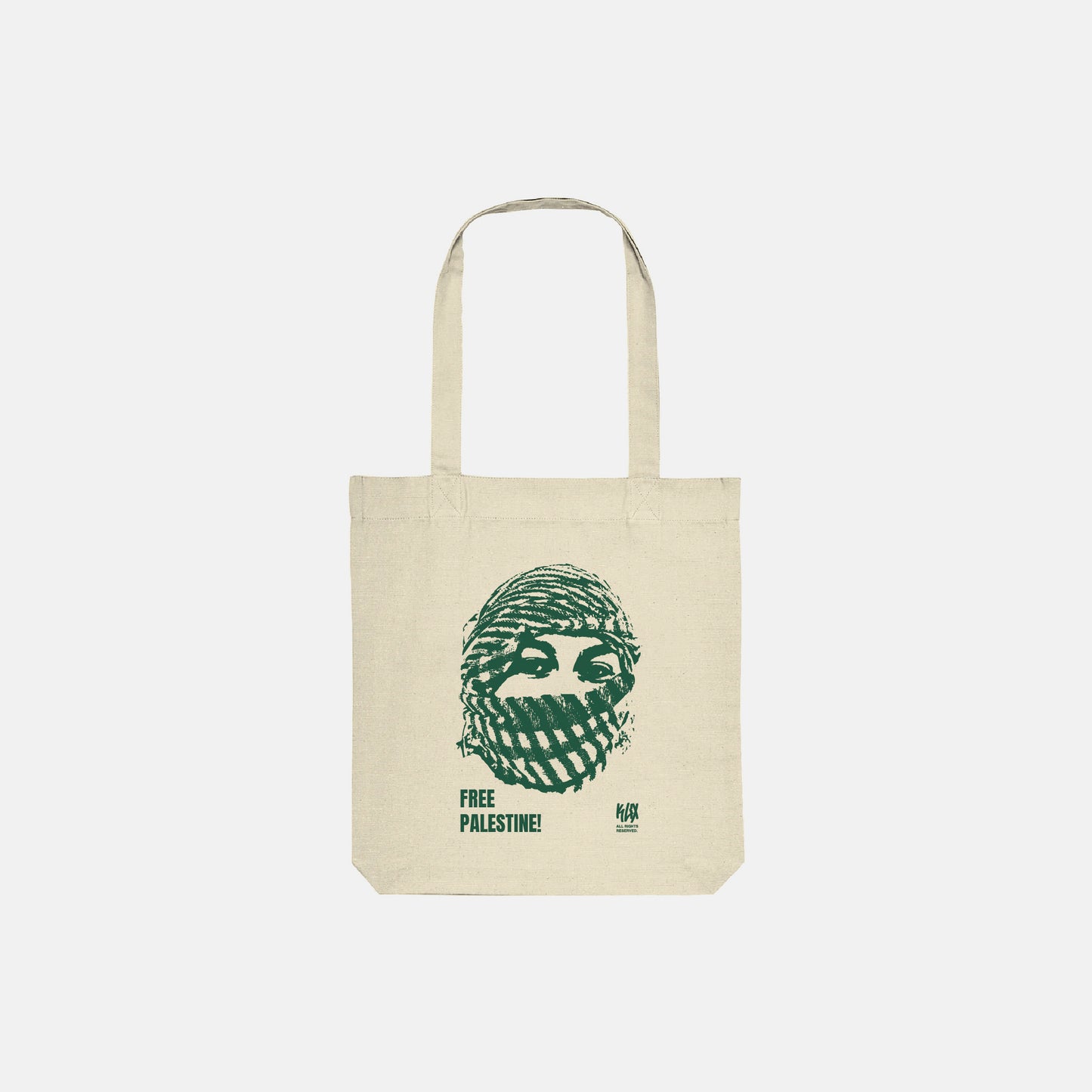 Beige Organic Tote Bag mit Free Palestine Print, Vorderansicht.