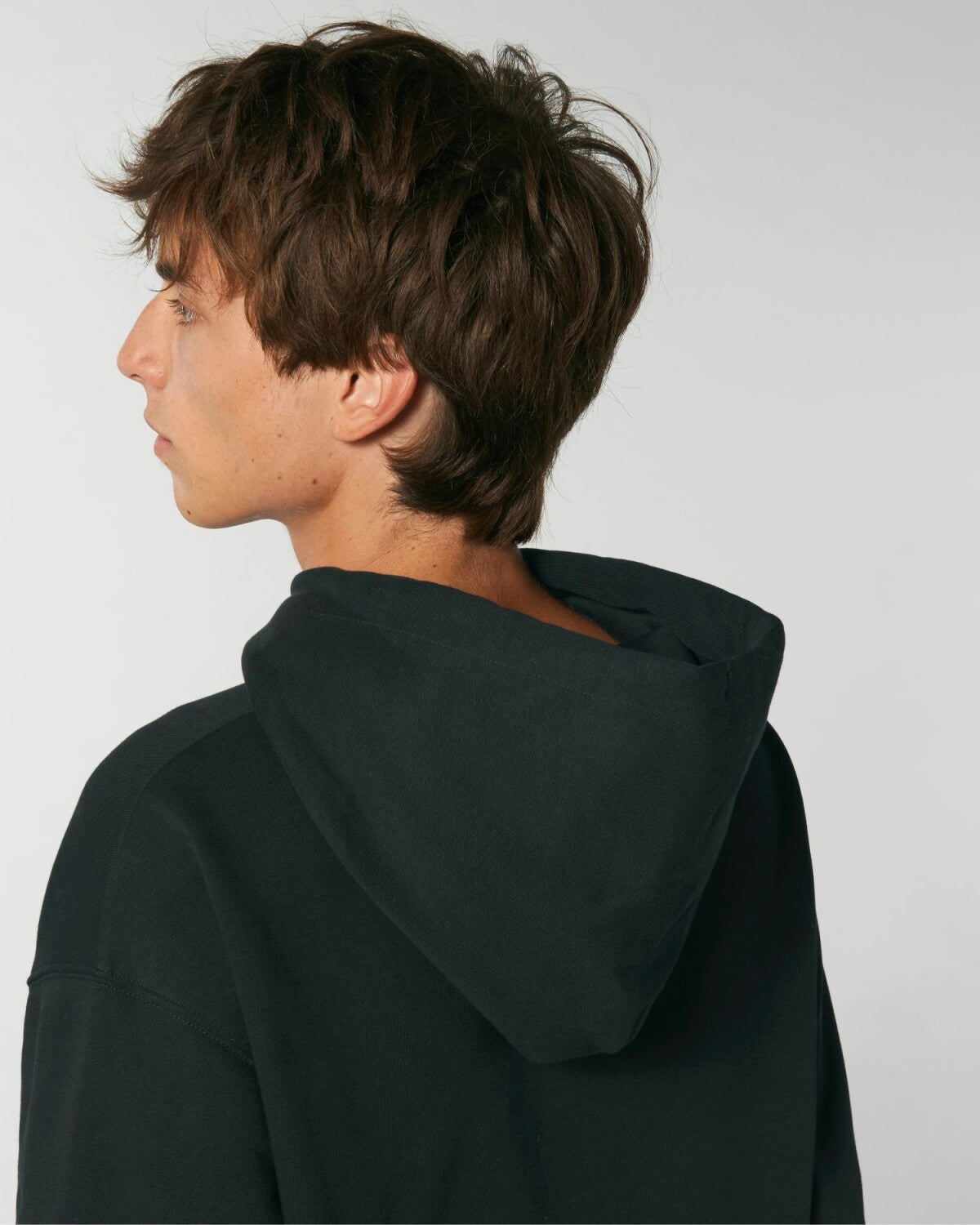 Schwarzer bedruckter Oversized Hoodie , Detailansicht.